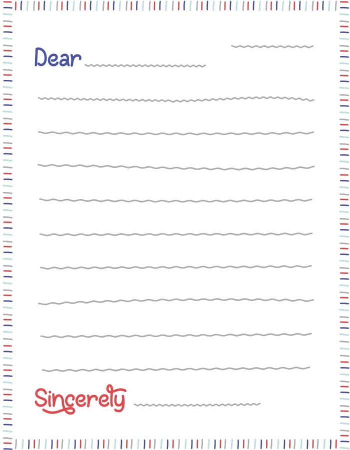 Illustration of a letter template designed for teaching formal and informal letter writing skills Letter template worksheet for fourth graders to practice writing letters to pen pals and relatives