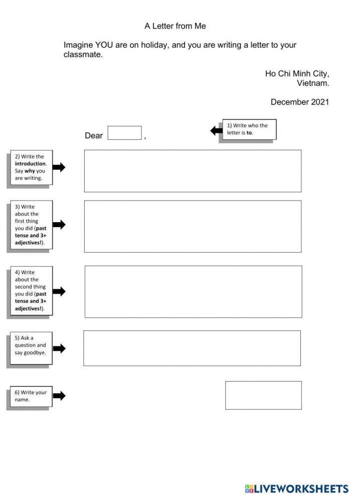 Grammar and Mechanics worksheet for Fourth Grade Letter template worksheet for fourth graders to practice writing letters. Educational resource for teaching formal and informal letter writing skills.
