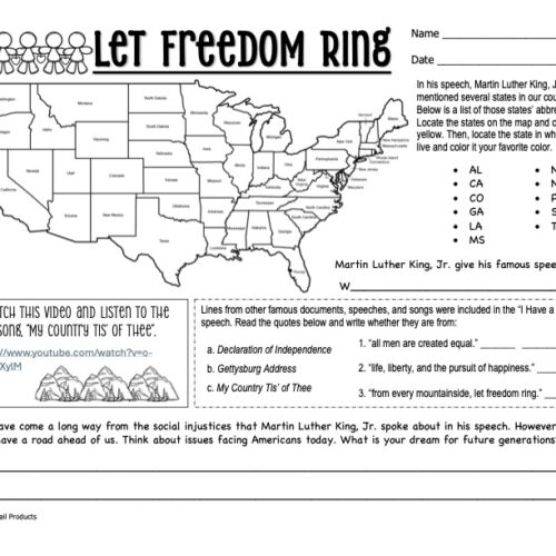 Fourth grade students analyzing literary themes in the I Have a Dream speech and My Country Tis of Thee song worksheet 8