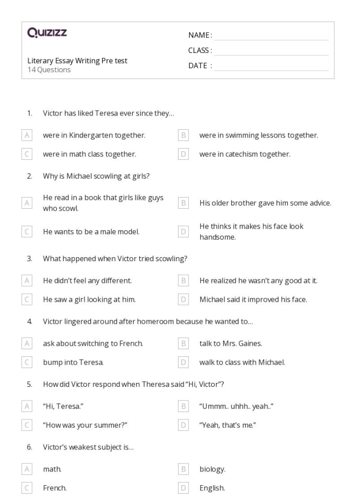 Worksheet for crafting a thesis statement in literary essays for fourth graders