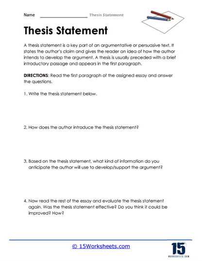 Worksheet for crafting a thesis statement in a literary essay for fourth graders