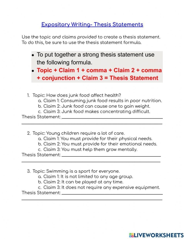 Worksheet for crafting thesis statements in literary essays for fourth graders