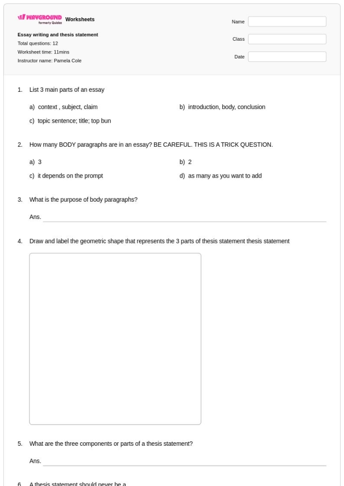 Worksheet for crafting thesis statements in literary essays for fourth graders