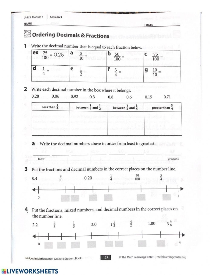 Fourth grade math worksheet featuring fractions and decimals practice with a lock and key theme