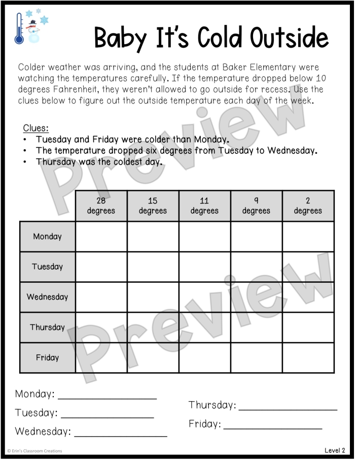 Logic Problem Worksheet 24 Numbers and Counting Activity Fourth grade logic problem worksheet featuring a clue table for number and counting practice