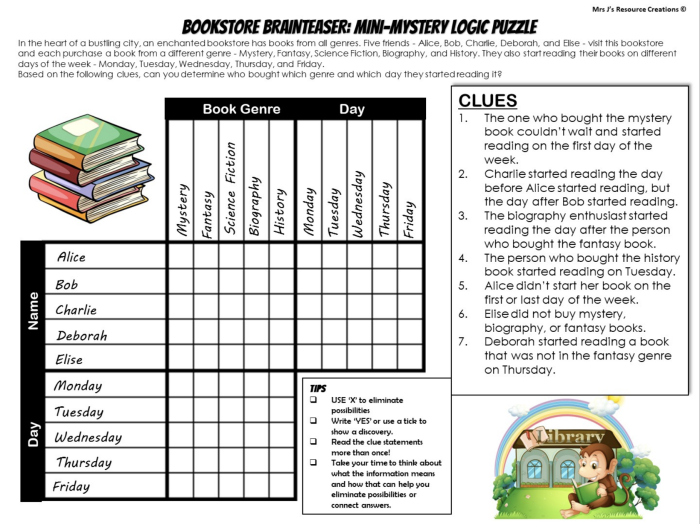 Logic Problem Detective Challenge 20 for Elementary Math Students Fourth grade logic problem worksheet with detective clues and table for solving number puzzles
