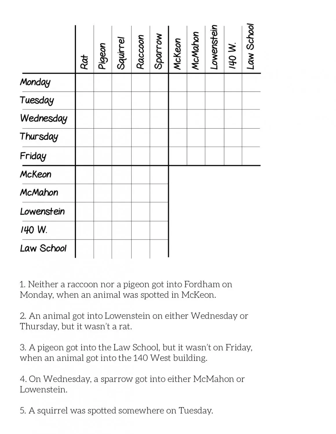 Logic Problem Worksheet Number 21 Numbers and Counting Activity Fourth grade student using a logic problem worksheet to solve a mystery with clues and a table