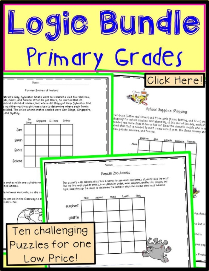 Logic Problem Worksheet Number 8 for Fourth Grade Math Students Fourth grade student using a grid and clues to solve a numbers and counting logic problem worksheet