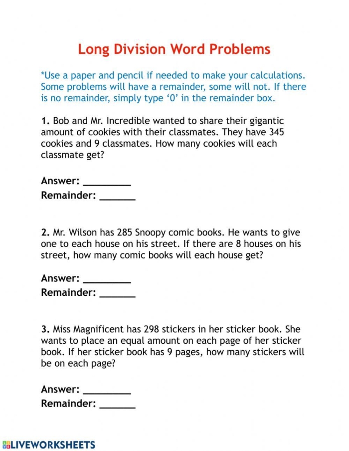 Long Division Word Problems worksheet for fourth graders featuring various math scenarios