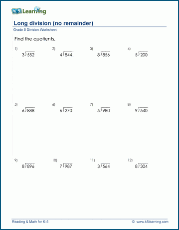 Long division review worksheet for fourth graders featuring 30 problems with one-digit divisors and two- and three-digit dividends