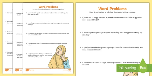 Long Division Word Problems Worksheet for Grade 4 Lesson 7 Fourth grade long division word problems worksheet with space for equations and answers