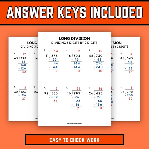 Long division review worksheet for fourth graders featuring 30 problems with one-digit divisors. Engaging long division practice for mastering division skills.