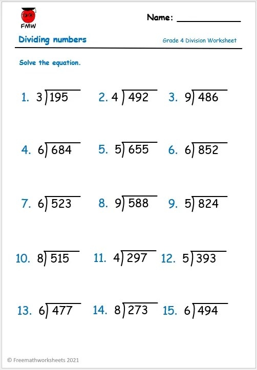 Fourth-grade student solving long division word problems on a worksheet