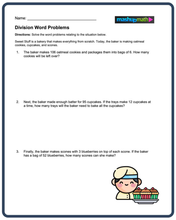 Worksheet featuring long division word problems for fourth graders
