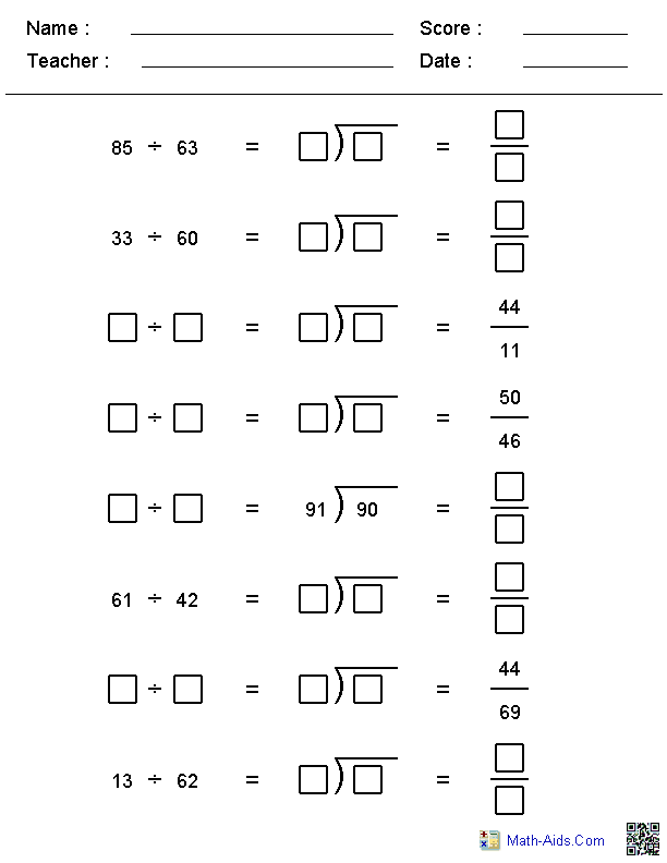 Fourth grade division practice worksheet showing one and two digit division problems in vertical and linear formats