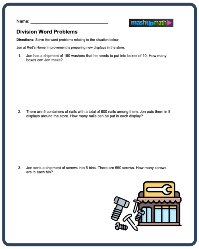 Long Division Word Problems Worksheet 22 for Grade 4 Geometry Students Fourth grade student working on a long division word problem worksheet numbered 22