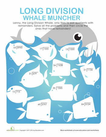 Long Division Whale Muncher worksheet nine activity for fourth grade math practice Fourth grade student solving long division problems to feed the whale with remainders on worksheet nine