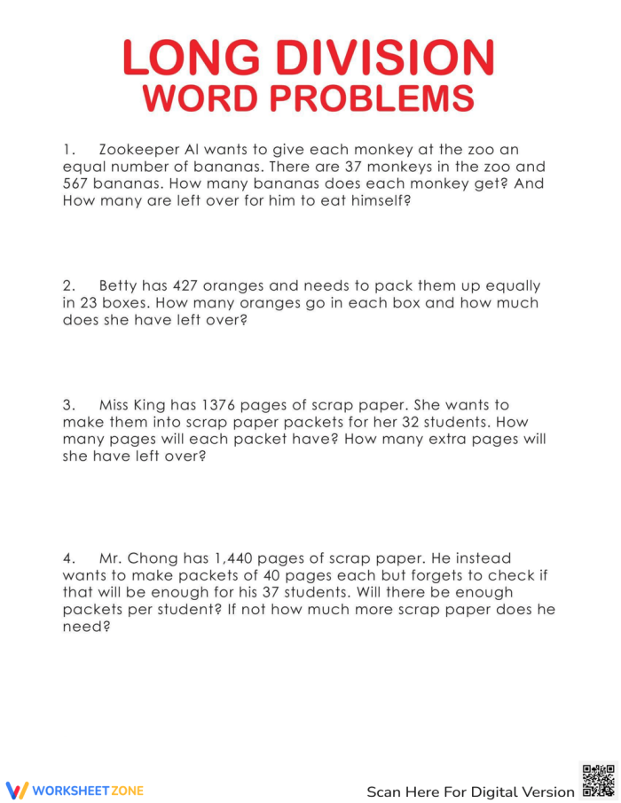 Long Division Word Problems Practice Worksheet for Elementary Math Learners Fourth grade students solving long division word problems with written equations and step-by-step solutions