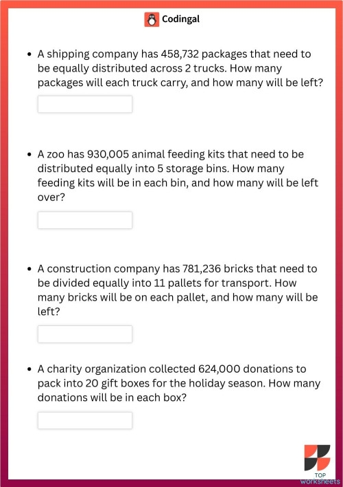 Long Division Word Problems Worksheet 15 for Fourth Grade Math Fourth grade long division word problems worksheet with space to write equations