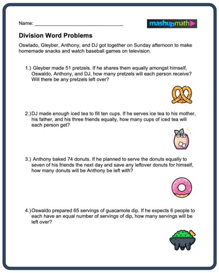 Long Division Word Problems worksheet for fourth graders featuring various math scenarios