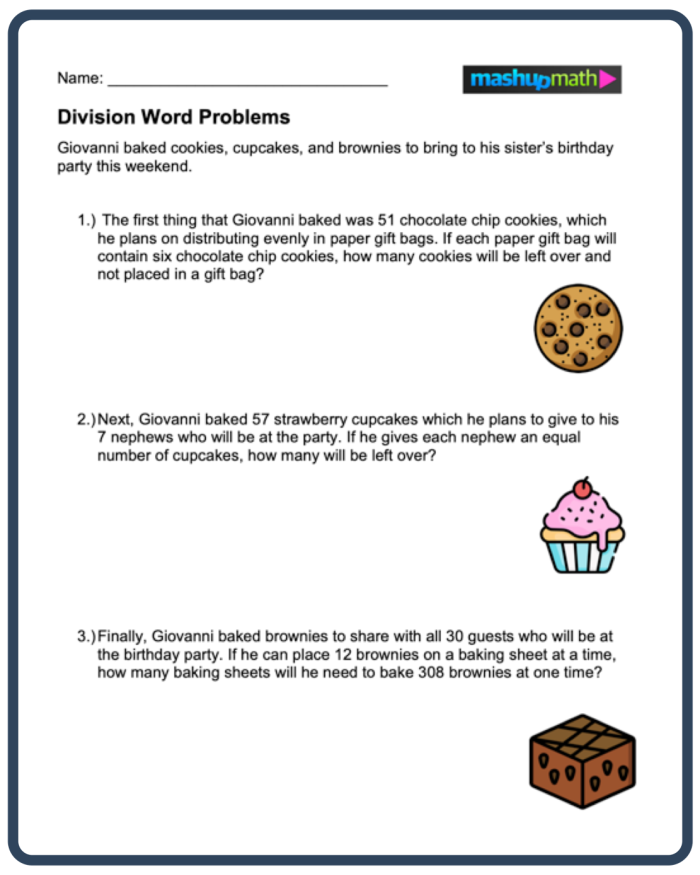 Long Division Word Problems worksheet featuring math problems for fourth graders