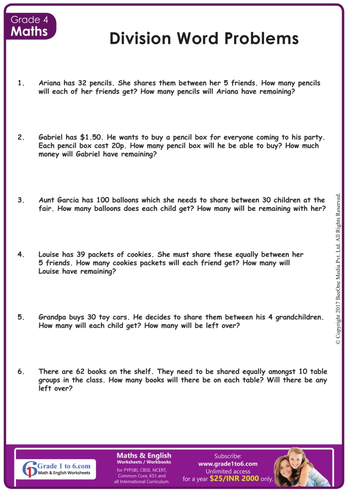 Worksheet featuring long division word problems for fourth graders