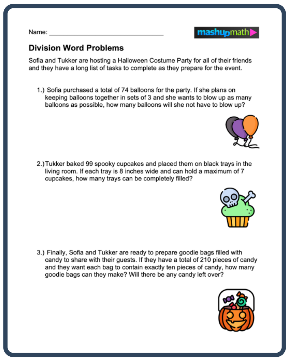 Long Division Word Problems worksheet for fourth graders featuring math challenges