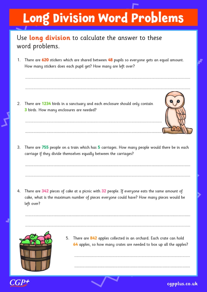 Long Division Word Problems worksheet for fourth graders featuring various math problems
