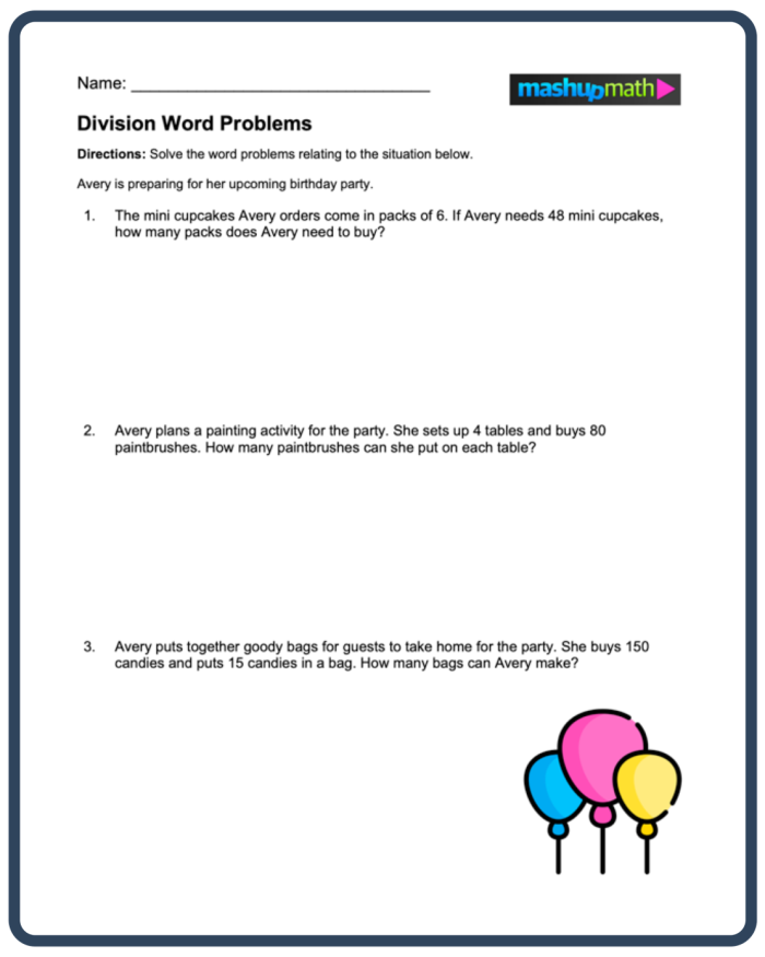 Long Division Word Problems worksheet for fourth graders featuring math problems to solve