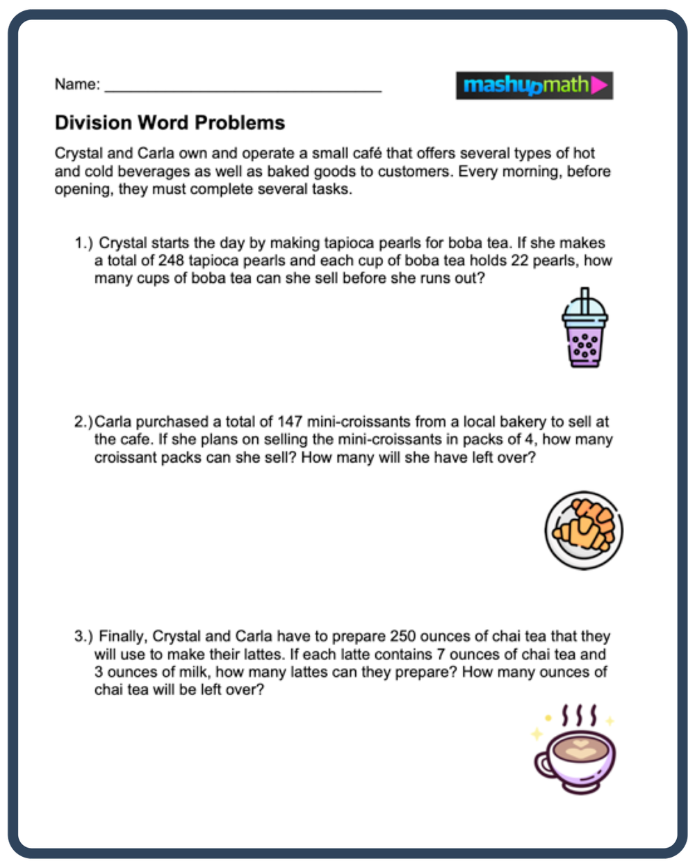Worksheet featuring long division word problems for fourth graders