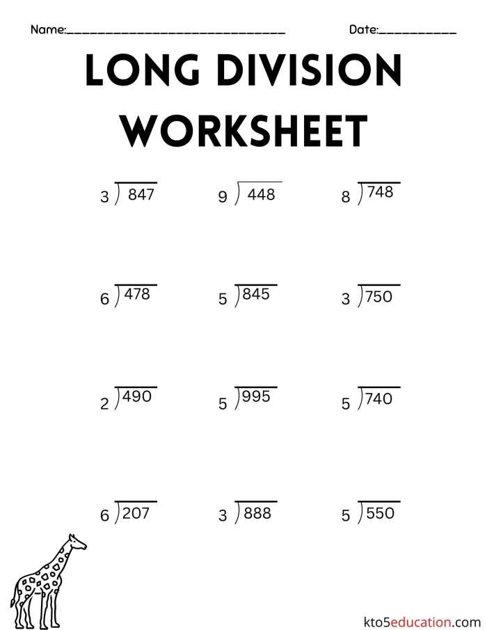 Worksheet featuring long division word problems for fourth graders