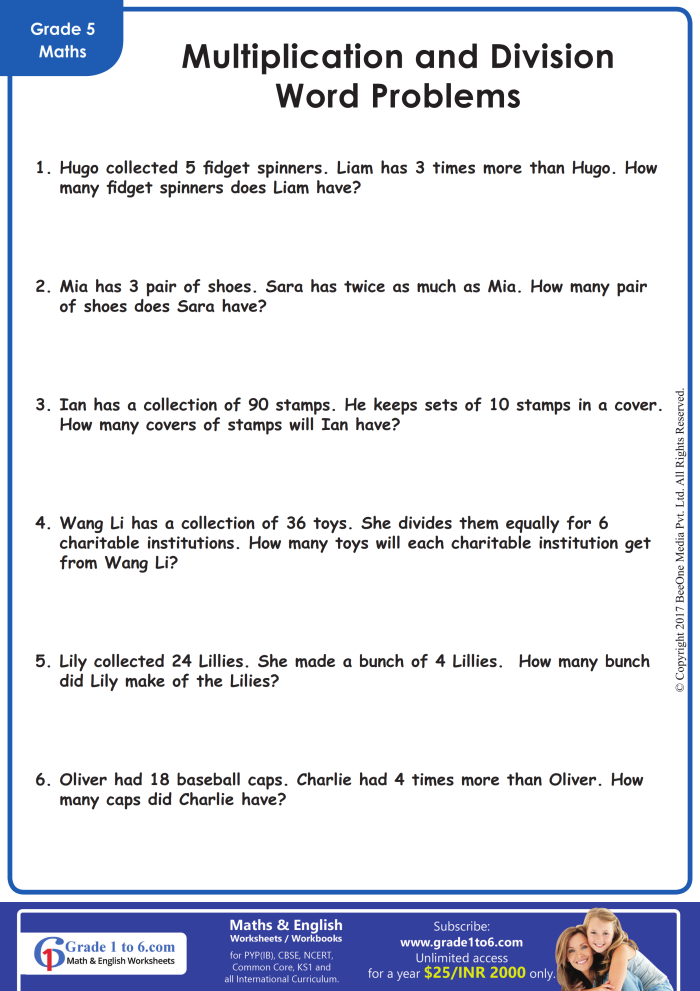 Long Division Word Problems worksheet for fourth graders showcasing a math problem-solving activity