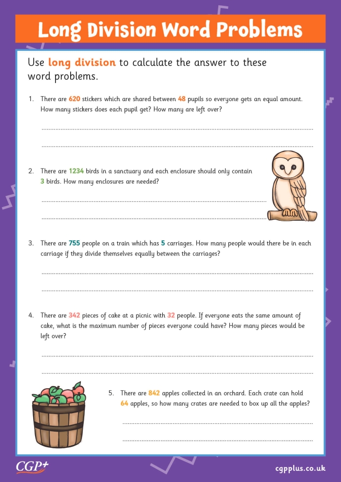 Long Division Word Problems worksheet for fourth graders featuring various math scenarios