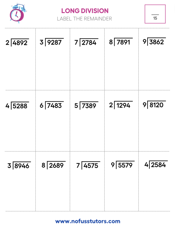 Long Division Word Problems worksheet for fourth graders featuring math equations and solutions