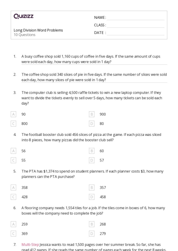Long Division Word Problems worksheet for fourth graders focusing on math skills