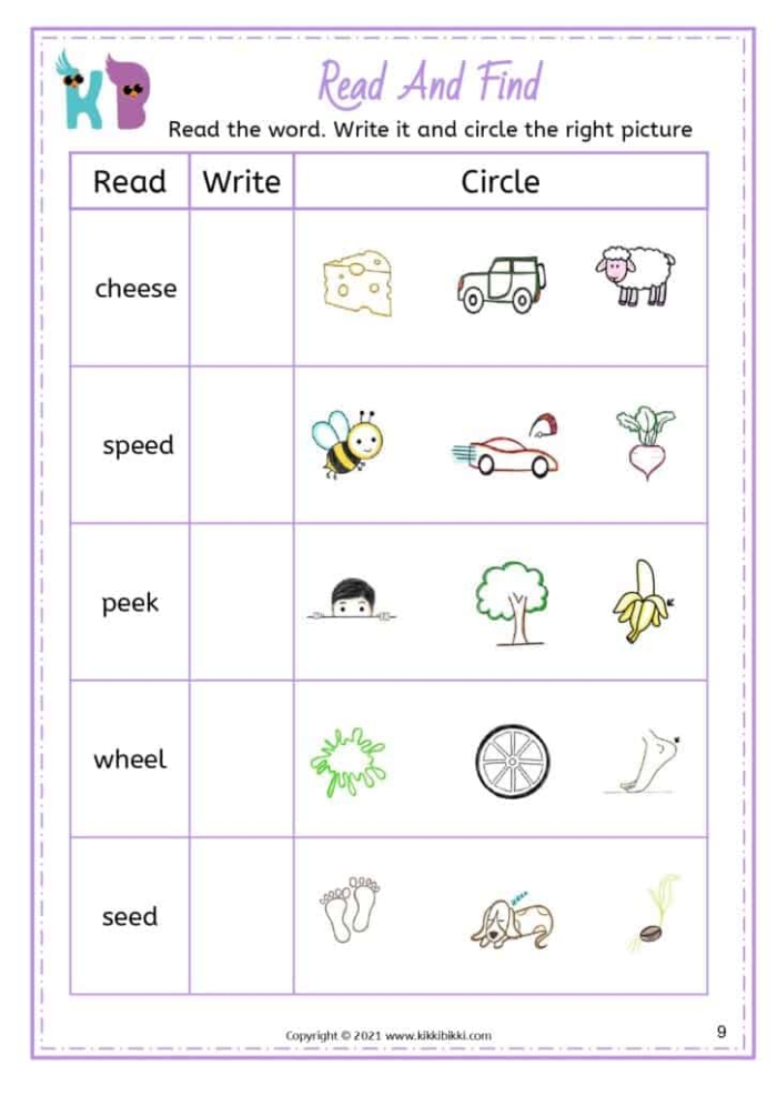 Fourth grade student worksheet featuring long E vowel team sorting activities for ee and ea patterns