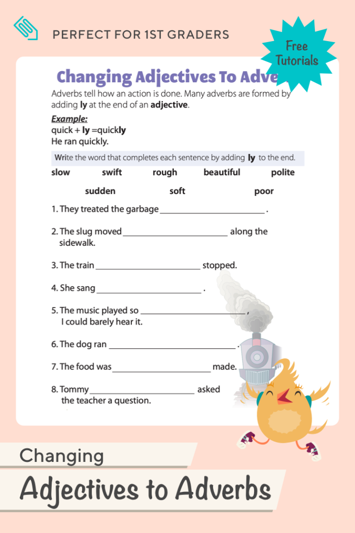 Educational resource for practicing -ly adverbs with sentences and subtraction activities Worksheet for transforming adjectives into -ly adverbs in fourth-grade subtraction context