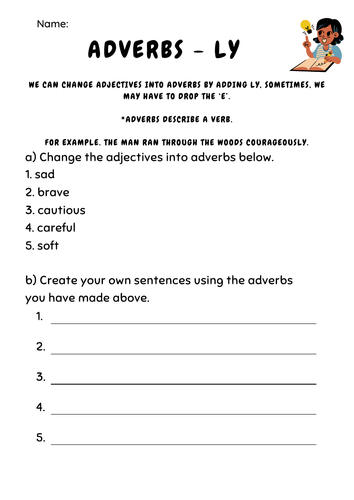 Educational resource for practicing -ly adverbs with subtraction activities, image 24 Worksheet featuring -ly adverbs for fourth graders focusing on transforming adjectives into adverbs