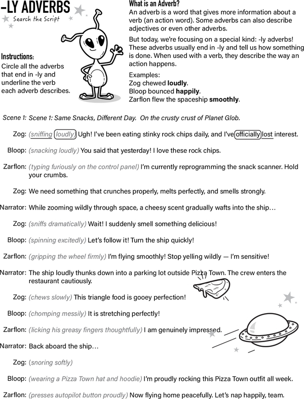 Engaging -ly adverbs worksheet designed for fourth graders to enhance their writing skills through subtraction activities. Worksheet featuring -ly adverbs for fourth-grade students focusing on subtraction. Transform adjectives into adverbs and complete the sentences.
