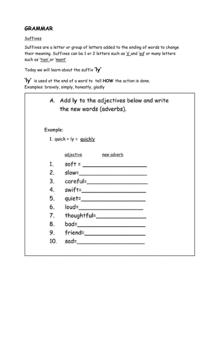 ly Adverbs worksheet for practicing subtraction concepts in fourth grade Worksheet featuring -ly adverbs for fourth graders focusing on adjective transformation and sentence completion