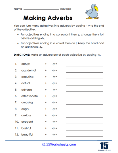 Explore how to change adjectives into adverbs in this engaging worksheet Worksheet focusing on -ly adverbs for fourth graders learning subtraction