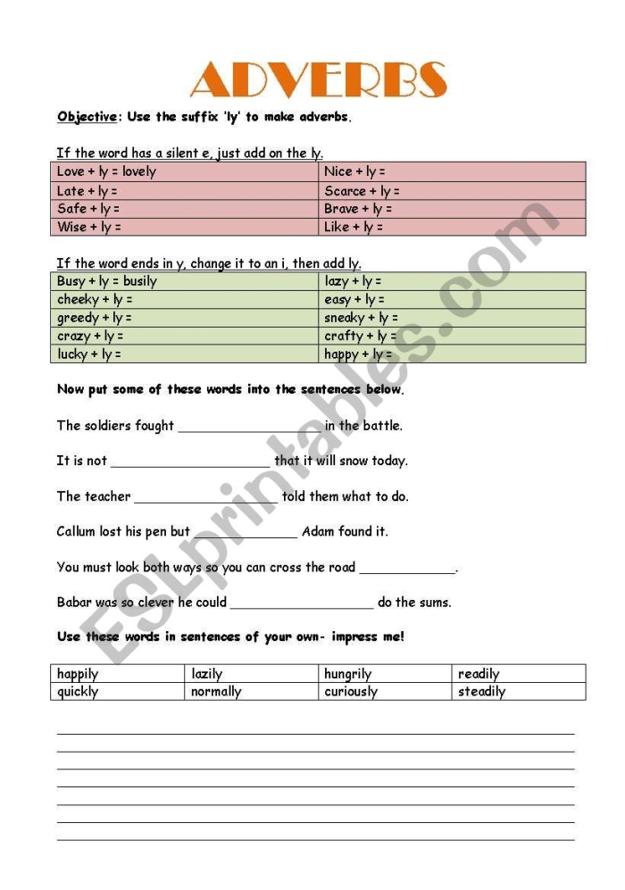 Interactive -ly adverbs worksheet for enhancing sentence construction skills Worksheet focusing on transforming adjectives into -ly adverbs for fourth-grade students