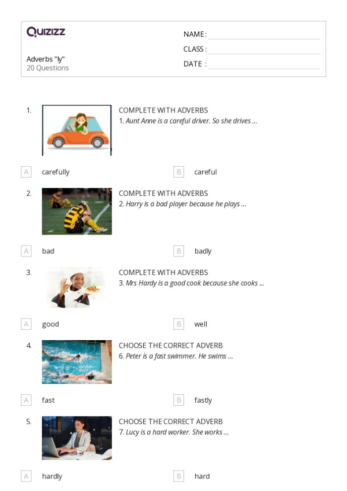 Fourth grade -ly adverbs worksheet focusing on sentence integration and subtraction skills Worksheet for learning -ly adverbs through adjective transformations for fourth graders
