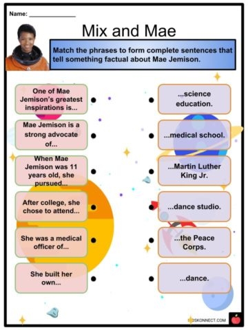 Fourth grade reading comprehension worksheet featuring astronaut Mae Jemison and fraction practice problems