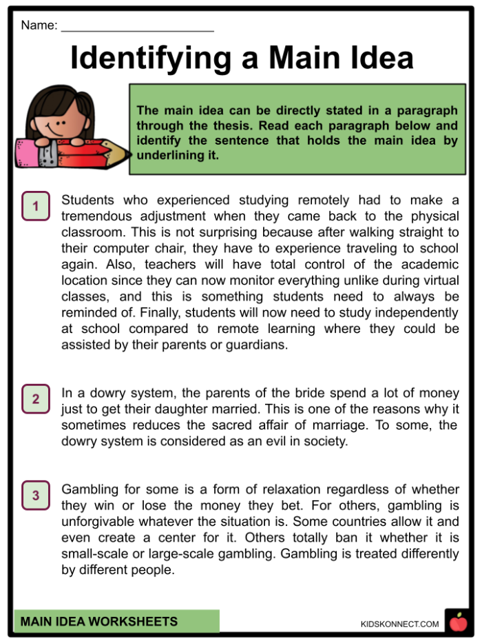 Fourth grade reading comprehension worksheet showing a paragraph about elephants with spaces for students to identify the main idea and write a concluding sentence