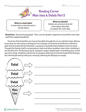 Reading Corner Main Idea and Details Part 2 Worksheet for Fourth Grade Students Fourth grade student working on a reading comprehension worksheet about main ideas and supporting details