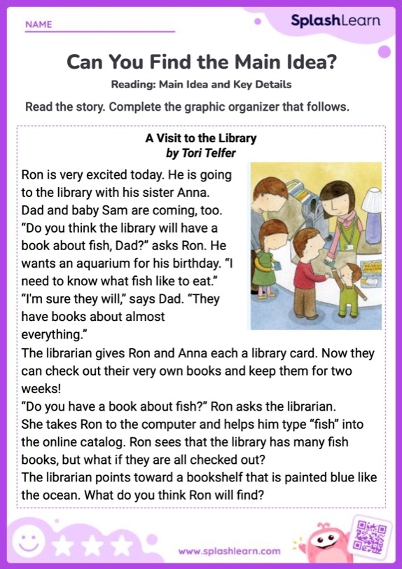 Fourth grade reading comprehension worksheet showing a paragraph about elephants with space for students to identify the main idea and write a concluding sentence