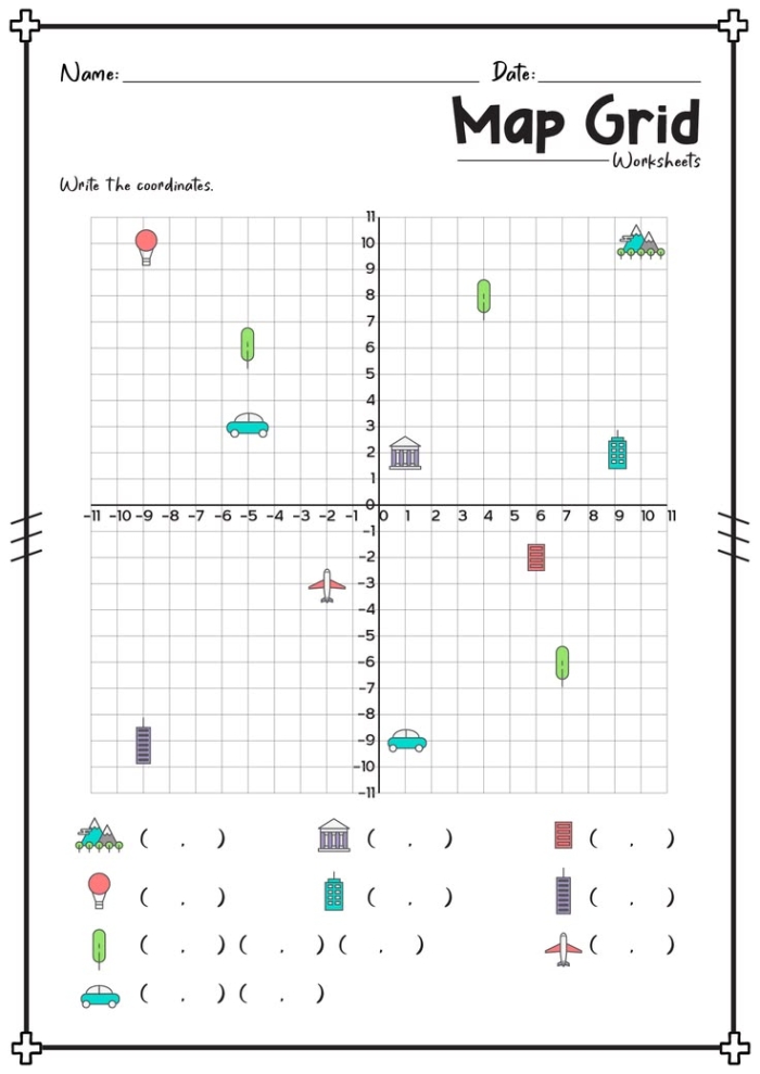 Map Grid Worksheet for Fourth Grade Geography Skills 4 Fourth grade student practicing coordinate locations on a classic map grid worksheet