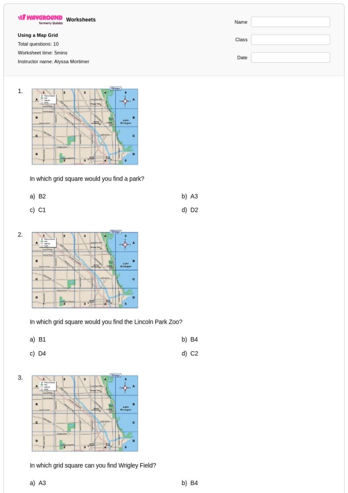Map Grid Navigation Practice Worksheet for Elementary Students Fourth grade students using a map grid worksheet to practice navigation and coordinate skills
