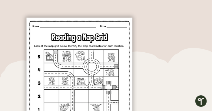 Map Grid Navigation Practice for Elementary Students Fourth grade students learning to navigate coordinates on a map grid worksheet with labeled rows and columns